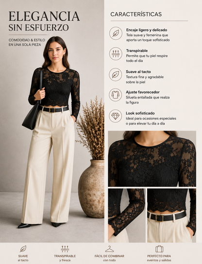 top encaje transparente mujer manga larga crop- sexi elegante