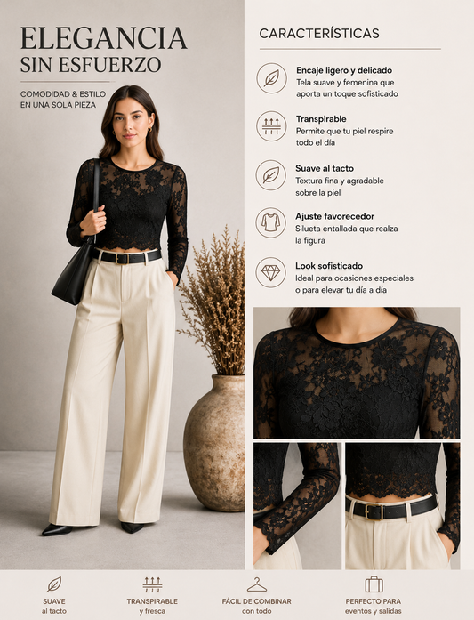 top encaje transparente mujer manga larga crop- sexi elegante